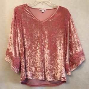 Crushed Velvet Embroidered Pink Bell Sleeve Top M